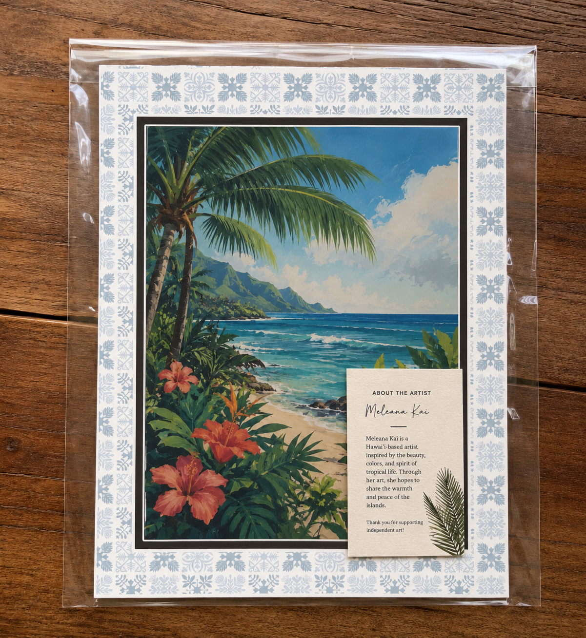 Finished Artist Start-Up Package with art print, bio card, and cello bag