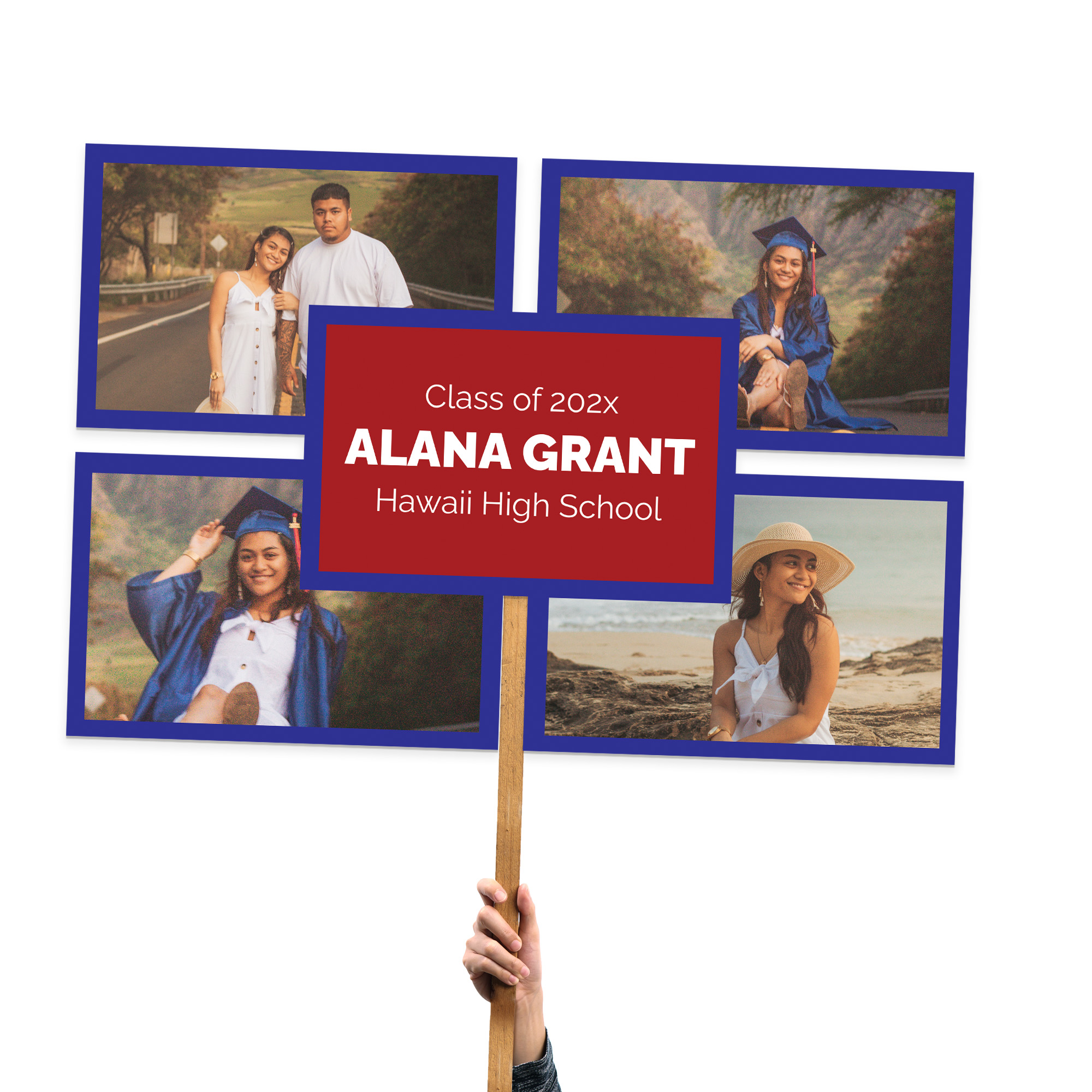 4 Photo Collage Graduate Foamcore Sign Graduation 4 photo backdrop sign featuring "Class of 2020" in bold letters with festive decorations in school colors