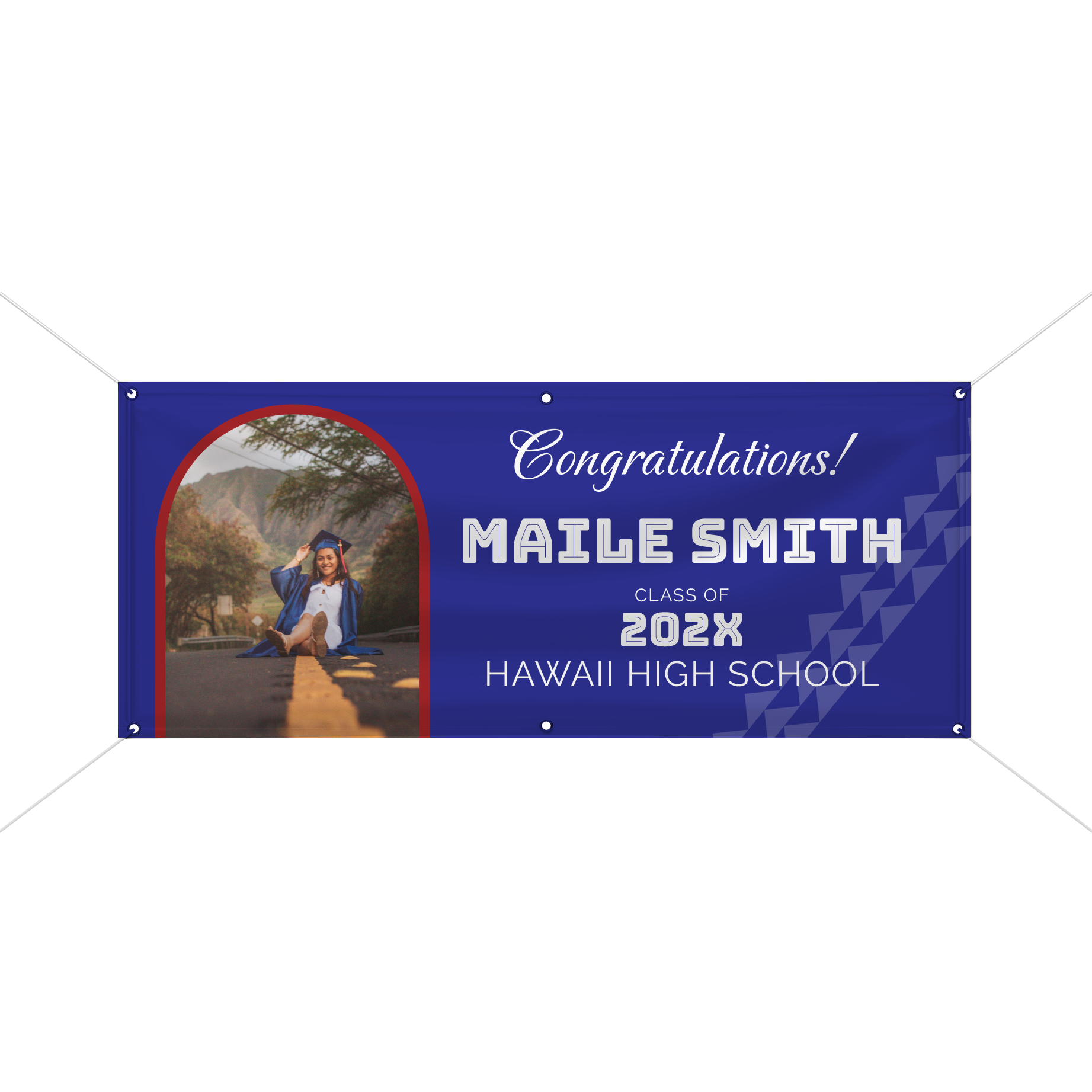 Graduation banner featuring a photo, school name, and year, designed for a Hawaii school graduation arch portrait.