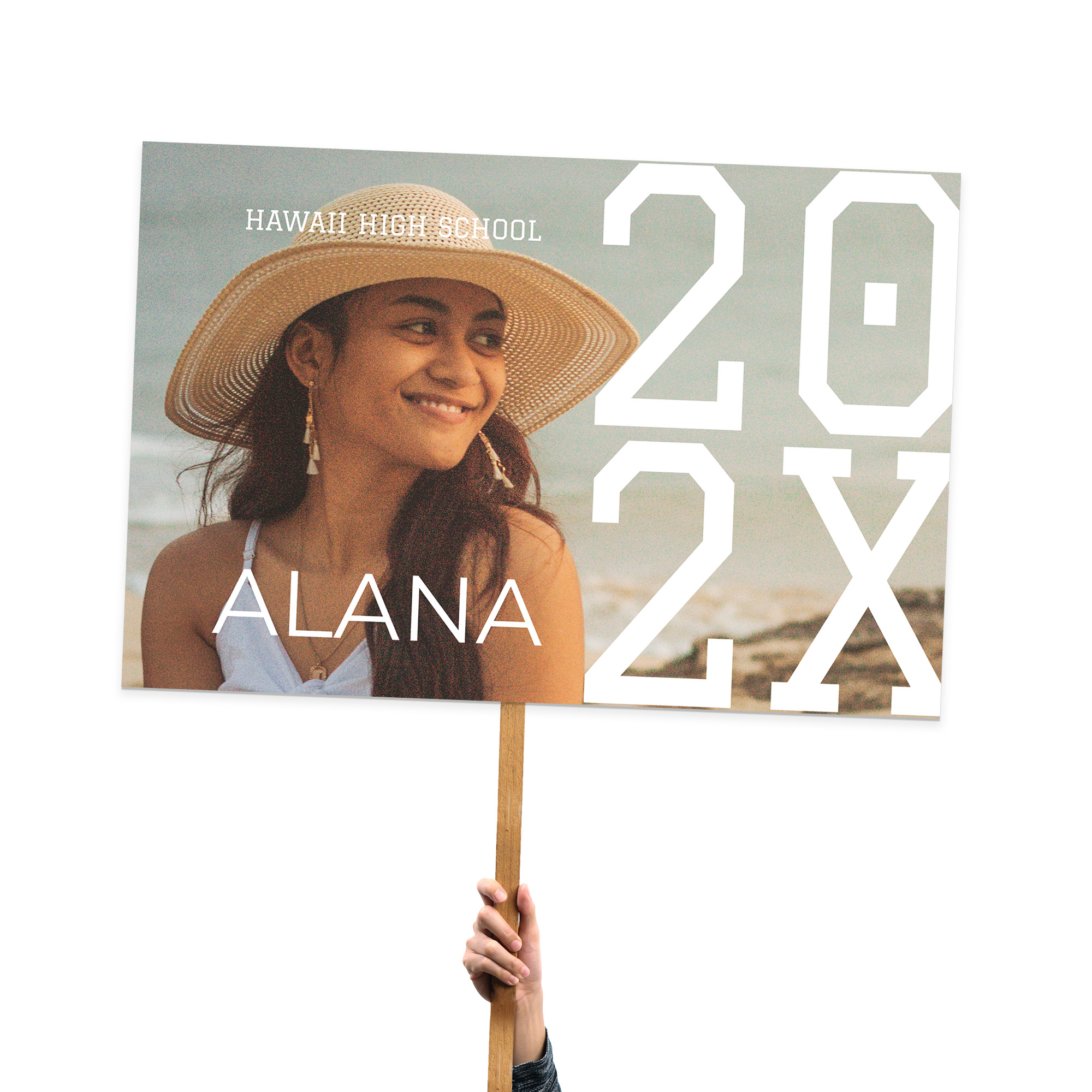 Big Year Graduate Foamcore Sign Custom full photo graduation sign featuring the graduate's name, year, and school, displayed on a stick holder