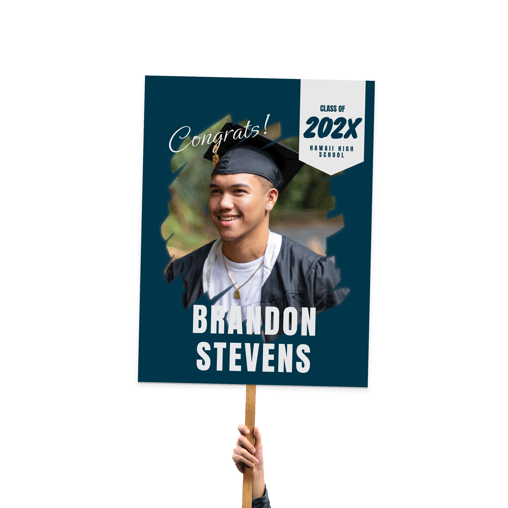 Large photo Graduation sign featuring a graduate's name, banner year, school colors, and a handheld stick for display.