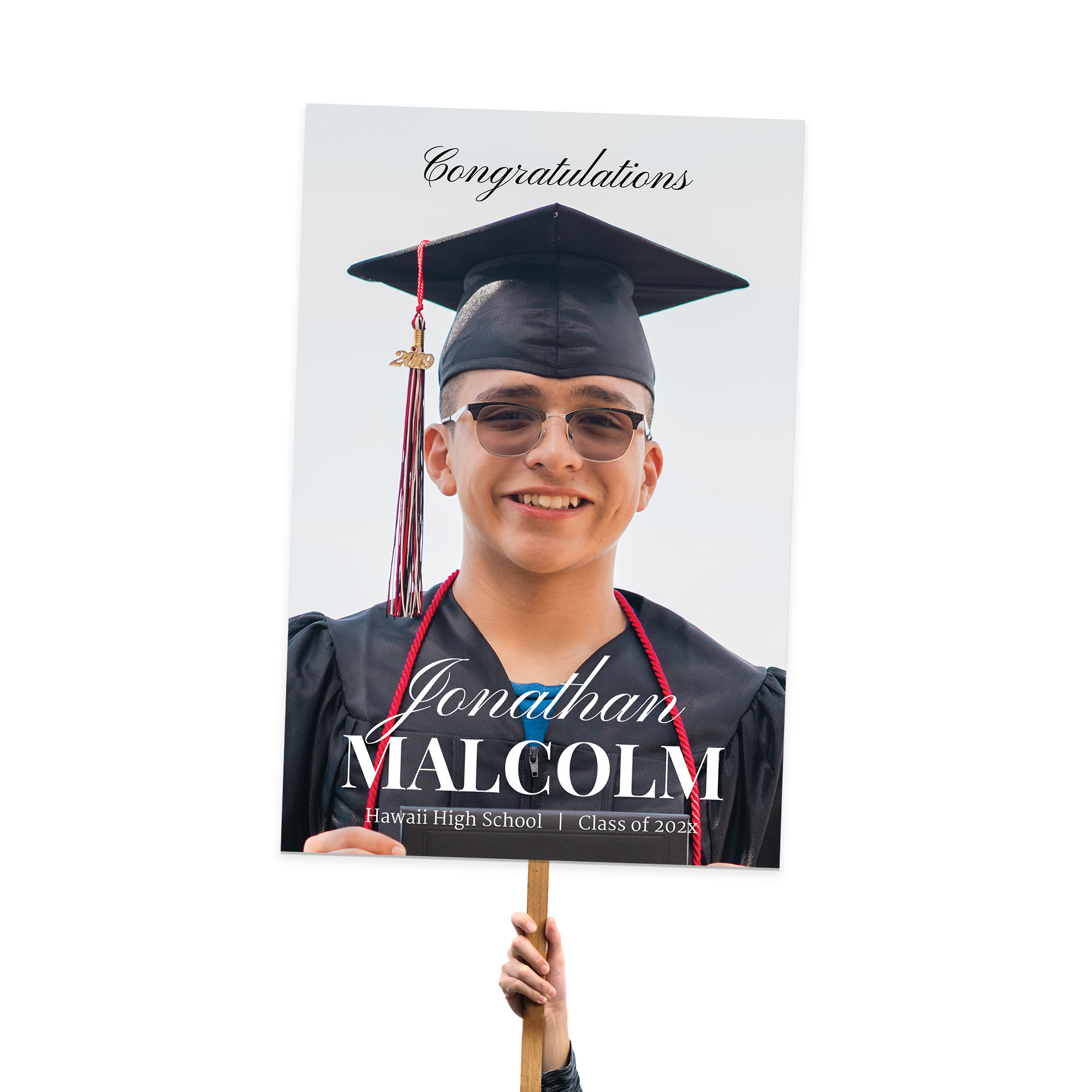 Personalized graduation photo sign of graduate  holding diploma foamcore sign with graduate's name, year, school & hand stick