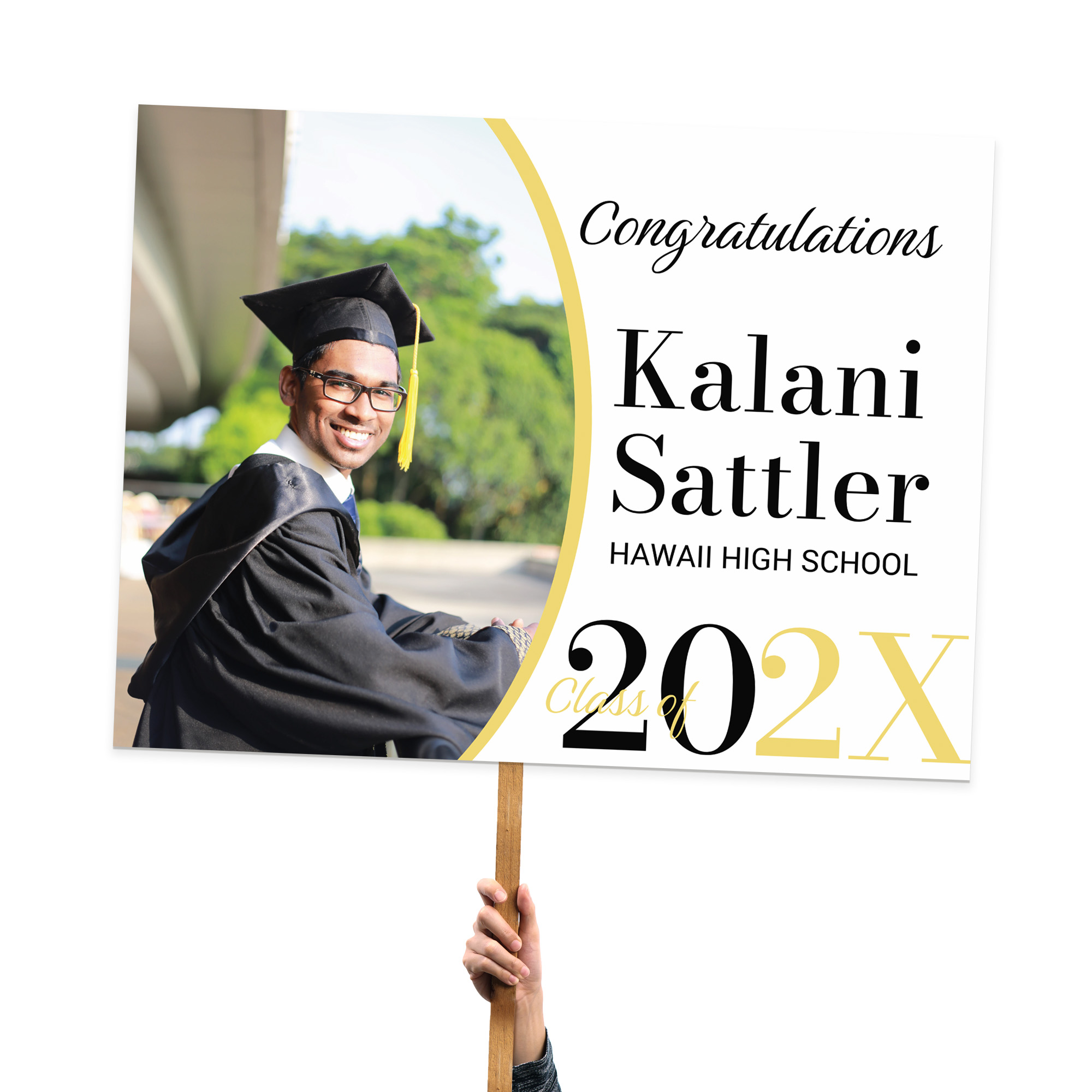 Personalized graduation foamcore sign featuring a large photo, school name, and year  in a half-moon design.