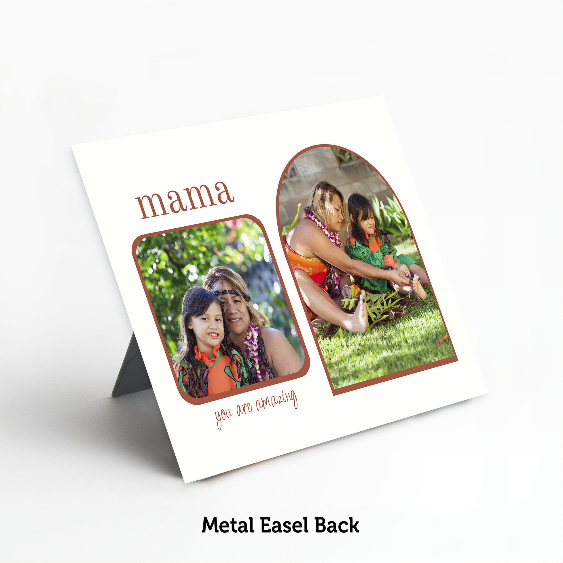 Photo collage of a woman with two children, arched frames, text "Mama" and "You are amazing".