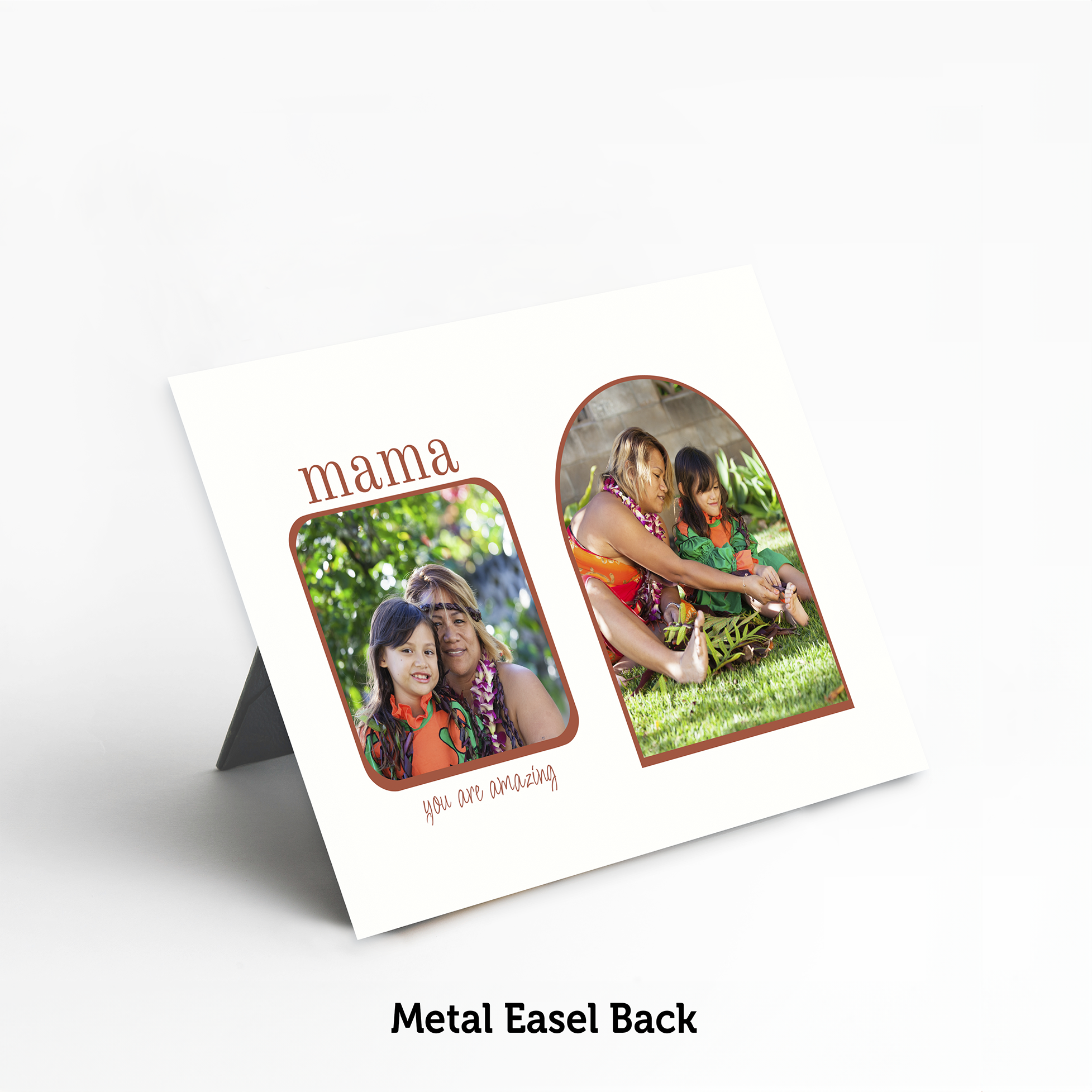 Photo collage of a woman with two children, arched frames, text "Mama" and "You are amazing".