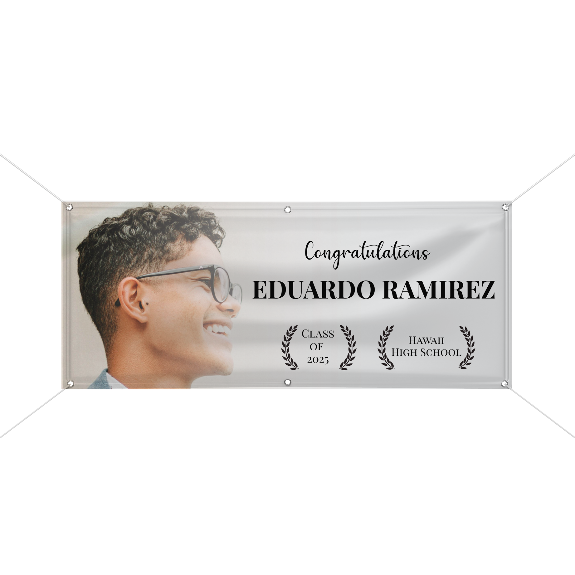 Personalized graduation banner featuring a large photo, school name, and graduation year in a movie poster style.