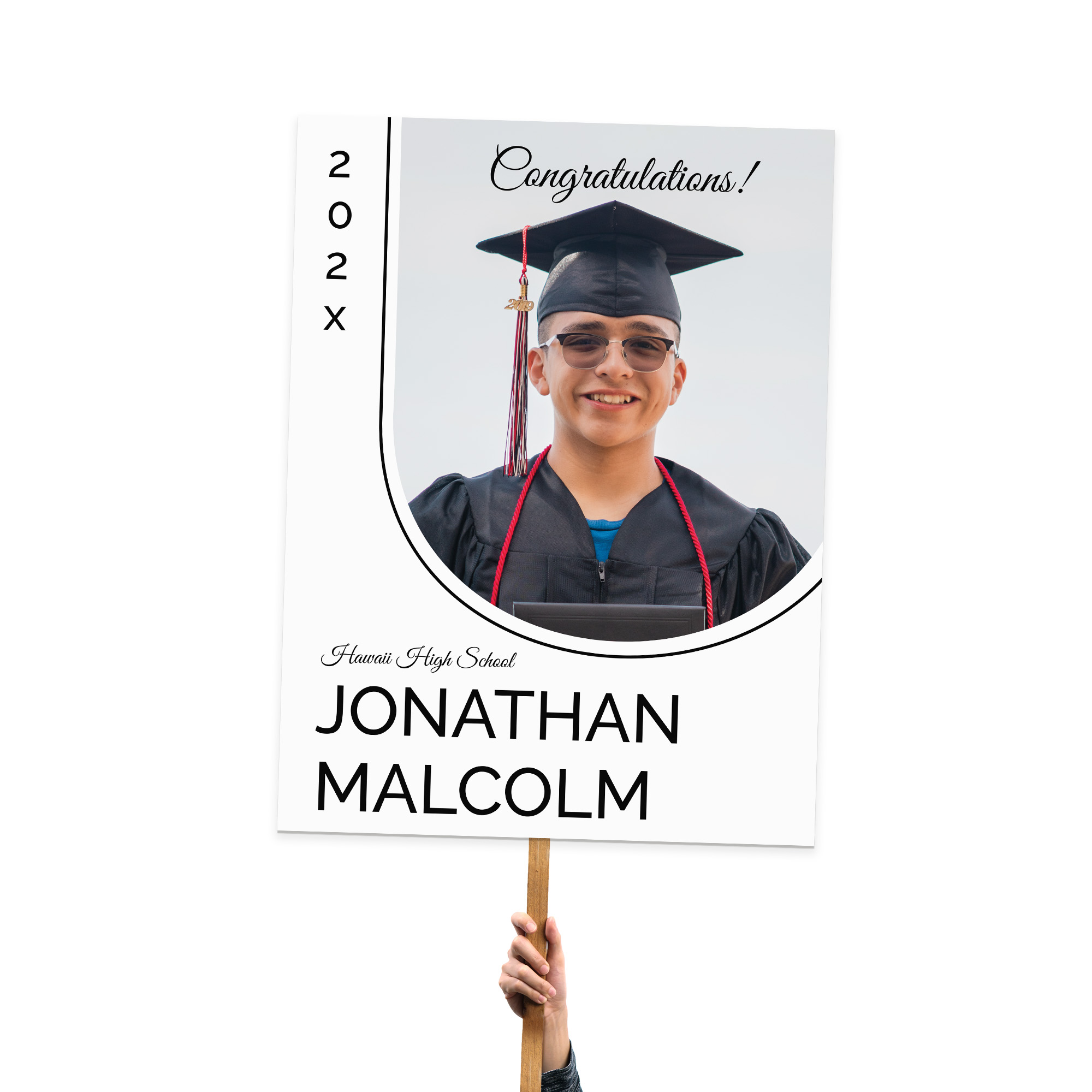 Graduation sign for Eduardo Ramirez, featuring a large photo, school name, and graduation year on foamcore.