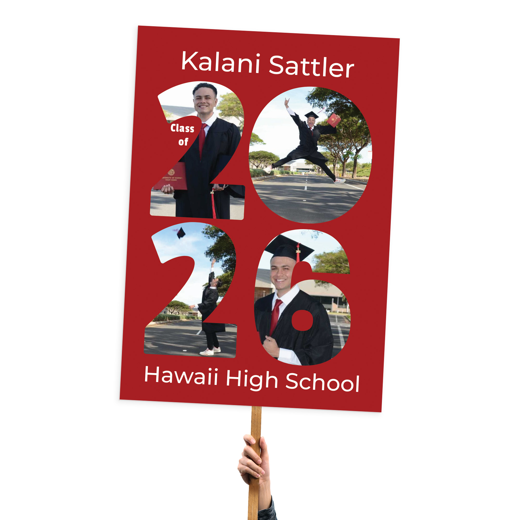 Class of 2025 foamcore graduation sign displayed at a Hawaii high school ceremony, showcasing school pride and celebration.