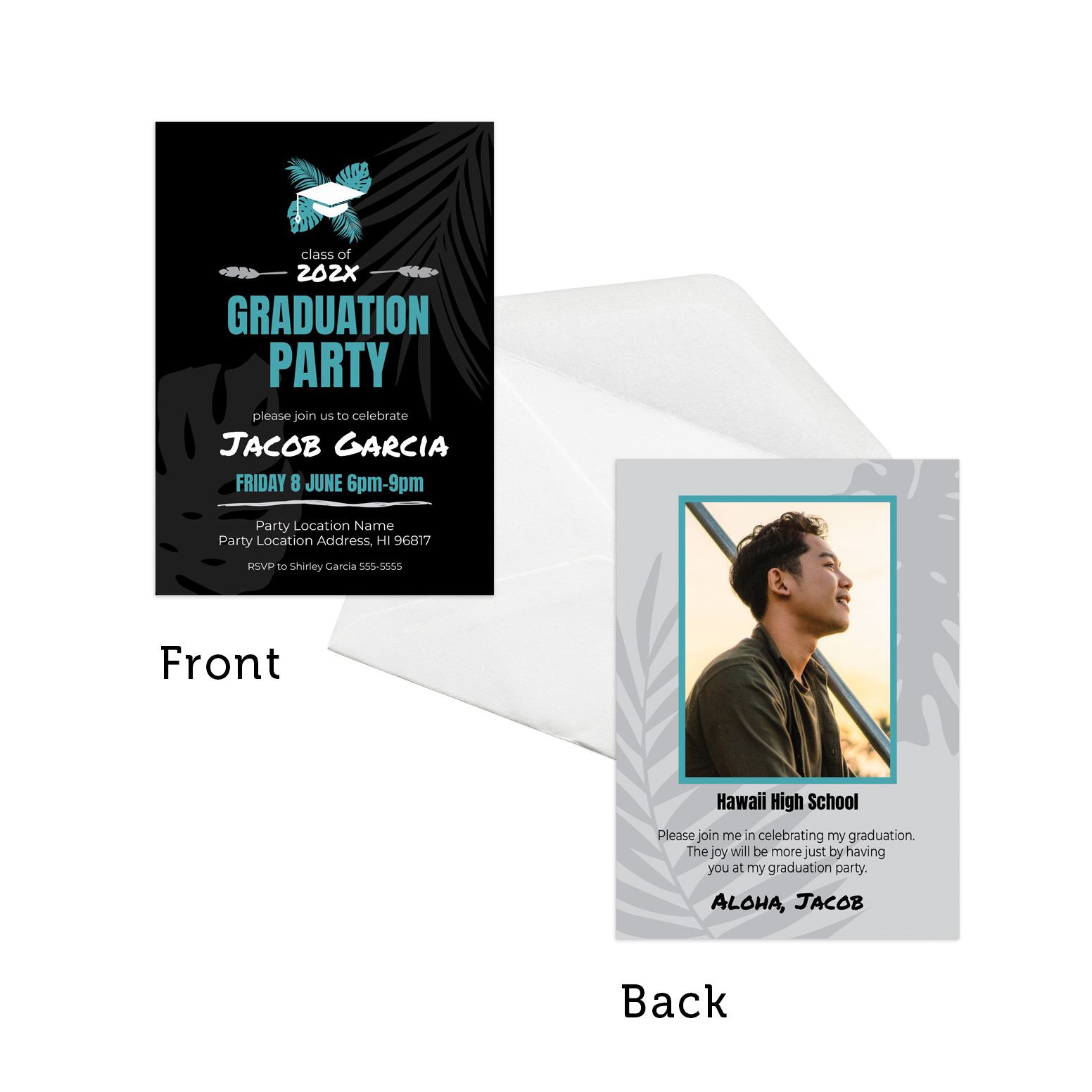 Graduation party invitation featuring a tropical modern design with a photo, printed on both sides.