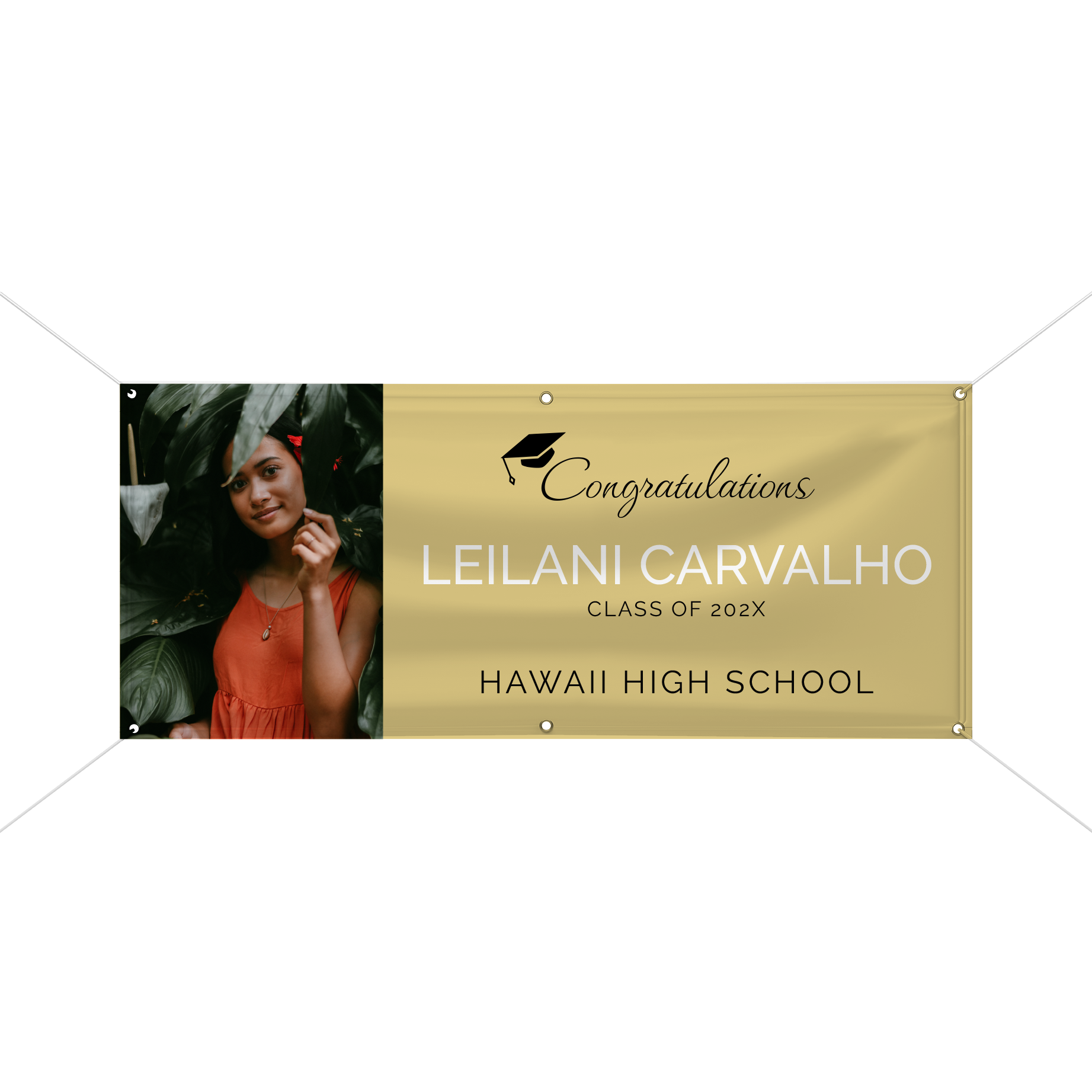 Gold graduation banner featuring a photo, celebrating academic achievement with a traditional design.