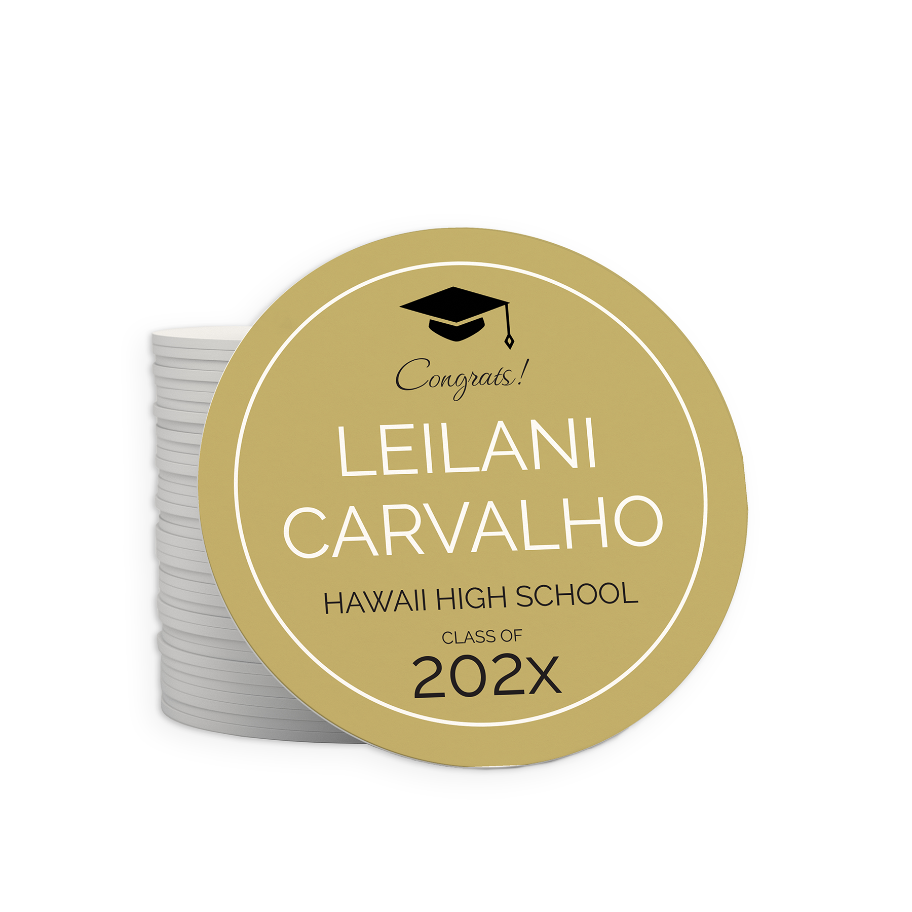 Personalized round graduation congrats designed for party coasters, featuring traditional matboard paper.