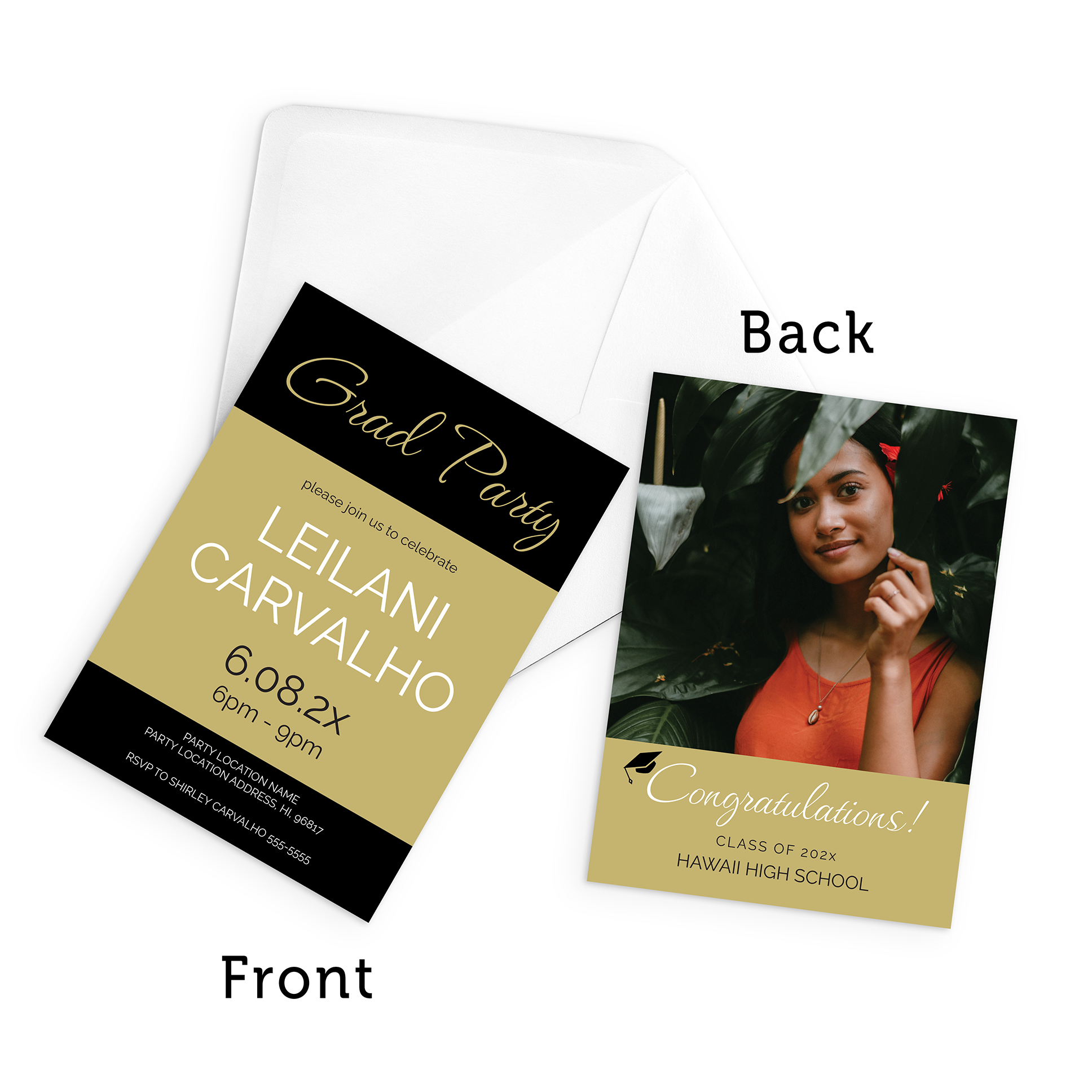 Gold graduation party invitation, 2-sided, 5"x7", set of 25, featuring elegant design for a traditional celebration.