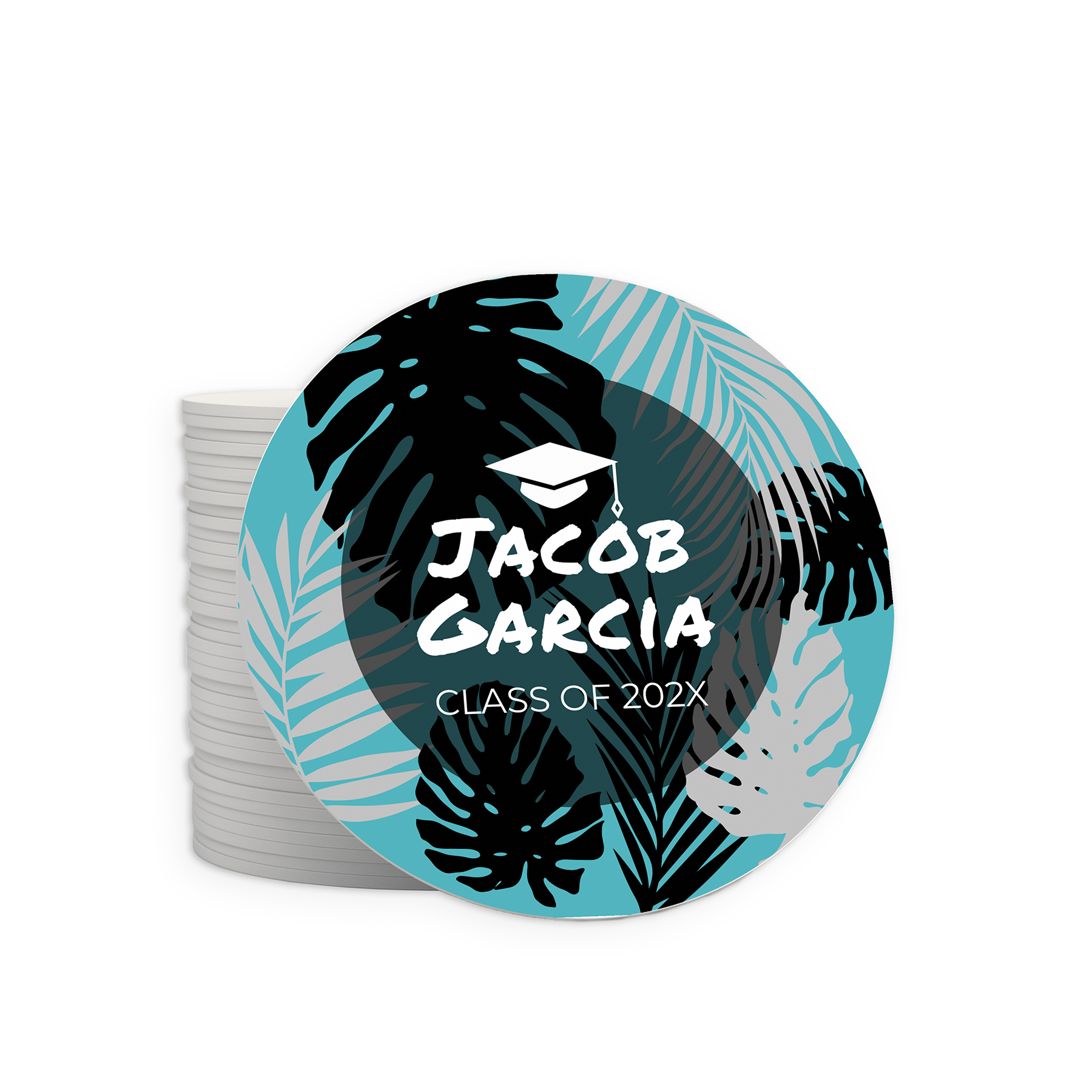 Graduation party coasters featuring a vibrant tropical design, part of a set of 25 coasters measuring 3.5"x3.5".