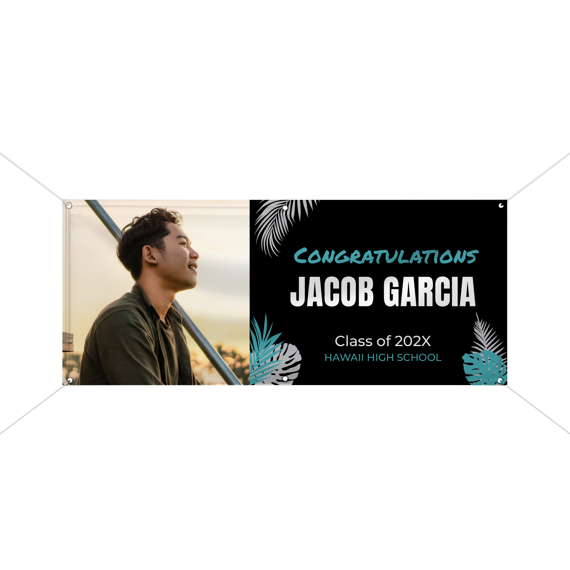 Tropical Modern Graduation Vinyl Banner featuring celebratory graphics and text for a graduation event.